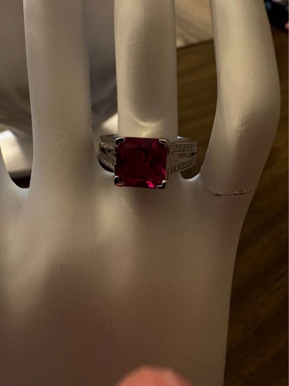 Square Cut Red Gemstone Ring silver 925 Size 6 Moissinite
